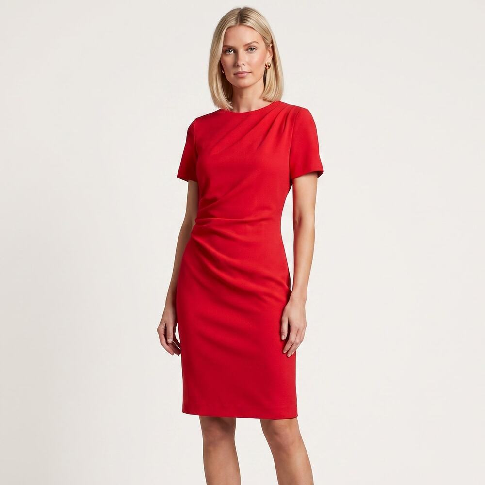 Brooks Brothers Red Ruched Sheath Dress Size 4 Short Sleeve Twill Crepe Work